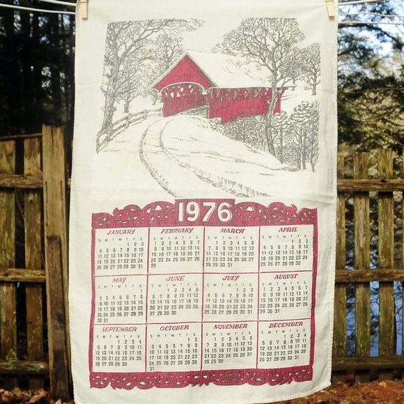 Vintage 1976 Red Covered Bridge in Snow Calendar Towel Birthday Anniversary Gift - Picture 2 of 7